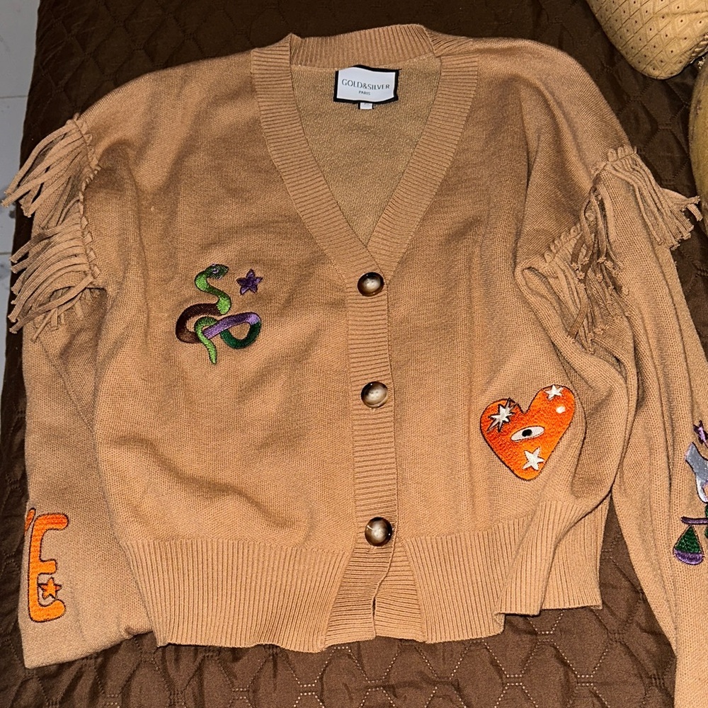 Silver Jeans Tan Cardigan with Colorful Embroidery